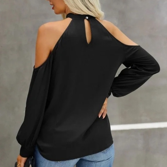 Black Cut Out Cold Shoulder Overlap Blouse - Picture 4 of 4